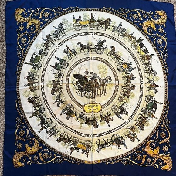 AUTH HERME SCARF, 100% SILK- La Promenade De Longchamps - Picture 1 of 6